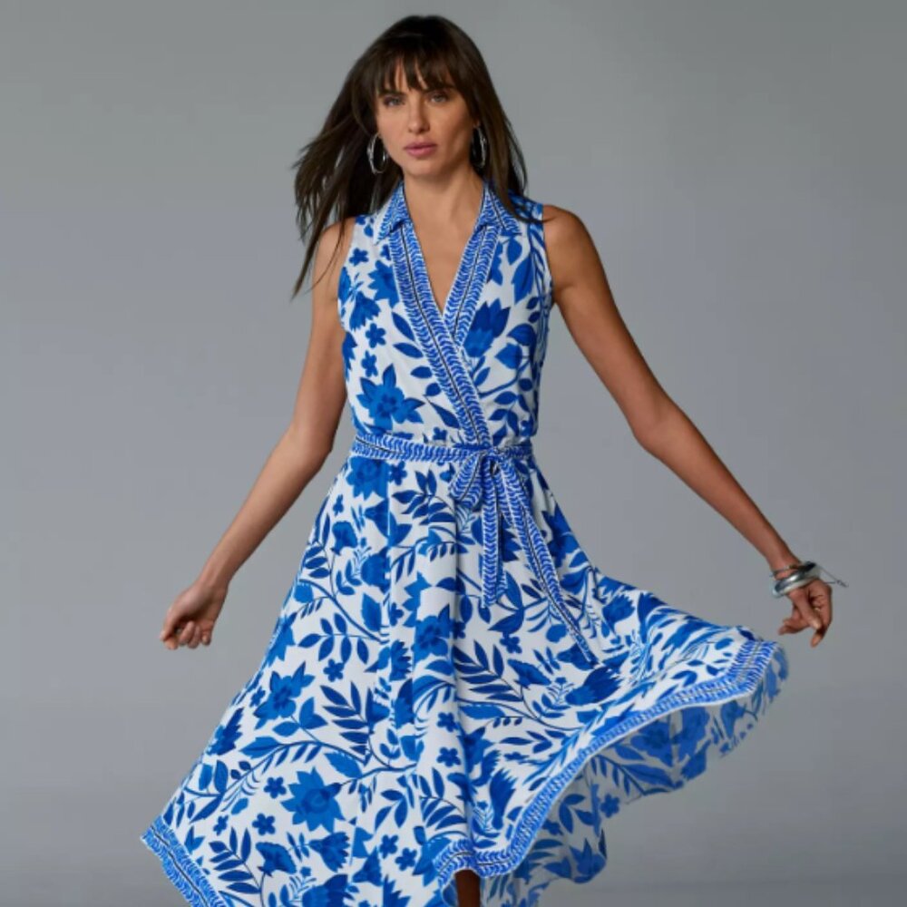NWT Positano Fleurs Print Surplice Midi Dress